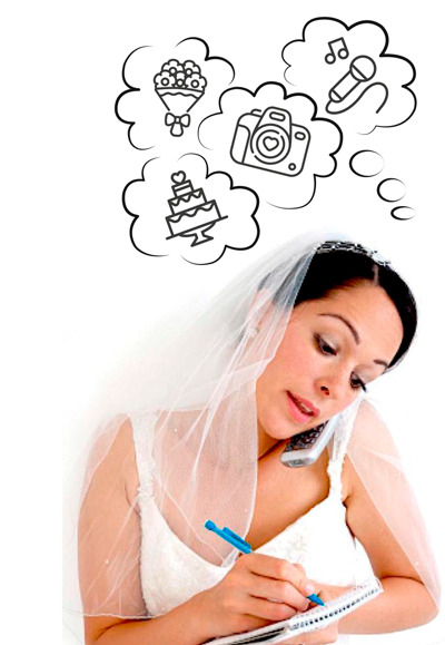 Sposa stressata mentre parla al telefono, prende appunti e pensa ai dettagli del matrimonio come fiori, torta e musica
