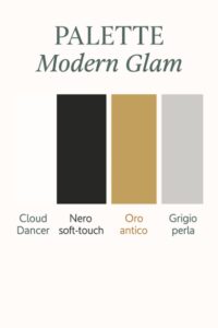 Palette Modern Glam con Cloud Dancer, nero soft-touch, oro antico e grigio perla per matrimoni moderni e glamour.