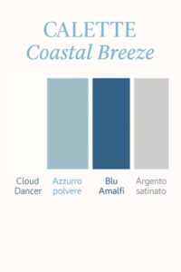 Palette Coastal Breeze con Cloud Dancer, azzurro polvere, blu Amalfi e argento satinato per matrimoni eleganti in stile costiero.