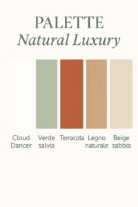 Palette Natural Luxury con Cloud Dancer, verde salvia, terracotta, legno naturale e beige sabbia per matrimoni eleganti a tema naturale.