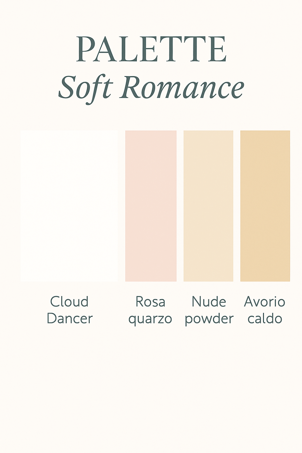 Palette colore Soft Romance con Cloud Dancer, rosa quarzo, nude powder, oro satinato e avorio caldo per matrimoni romantici e raffinati.